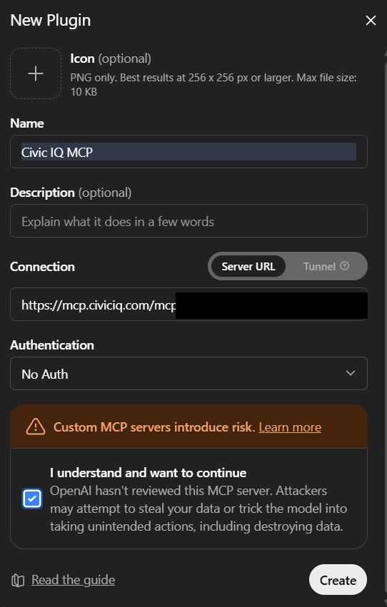 ChatGPT's New Plugin dialog with the name Civic IQ and the Server URL entered