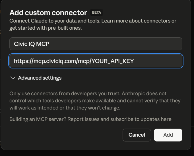 Claude's Add custom connector dialog with the name Civic IQ and the Server URL filled in